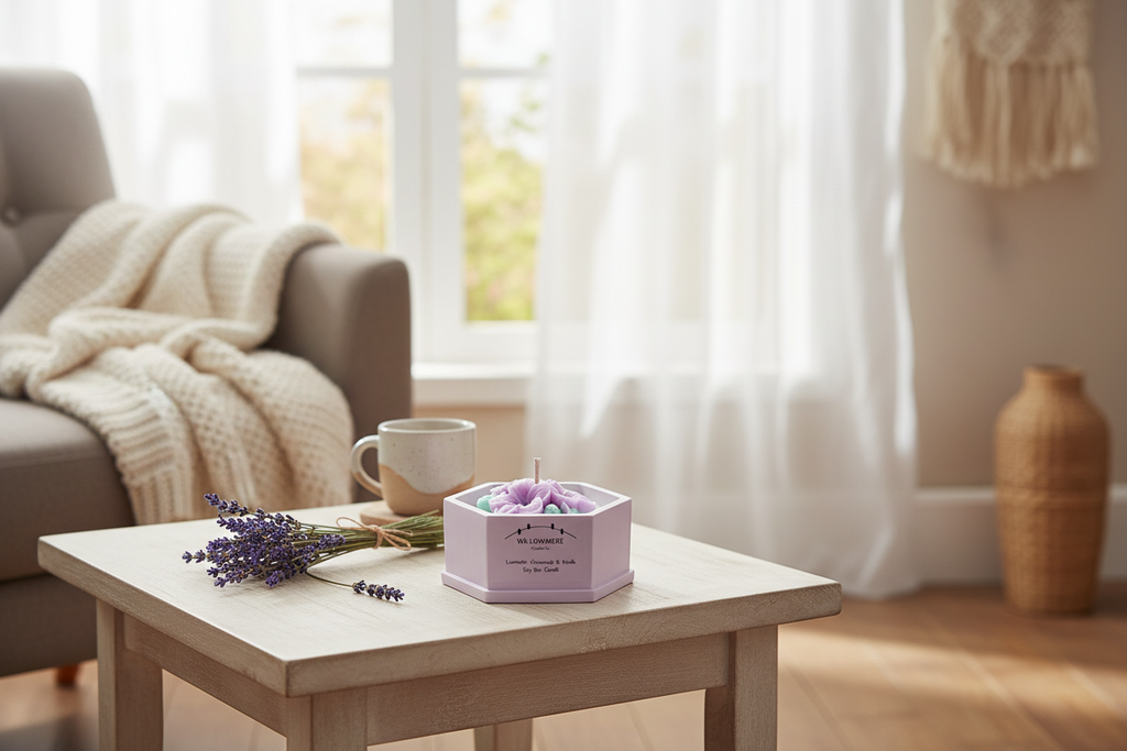 Lavender, Chamomile & Vanilla candle lifestyle scene